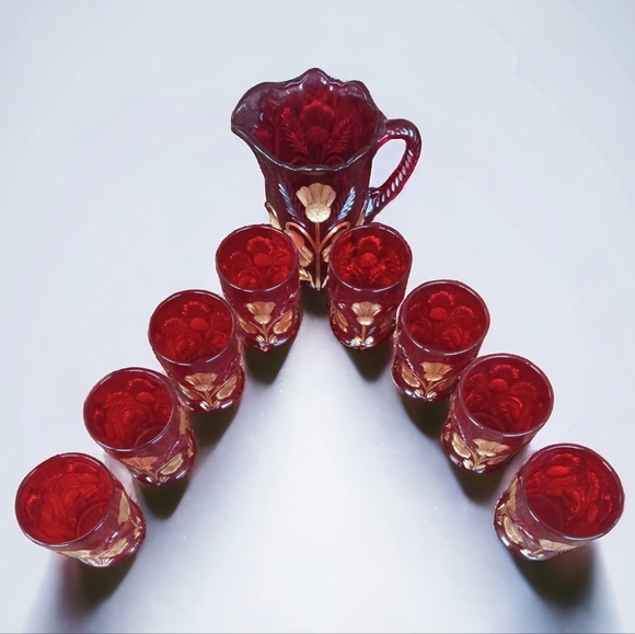 Vintage Mosser Red & Gold Inverted Thistle Pitcher, Tumblers, Cream & Sugar Set - Picture 6 of 7